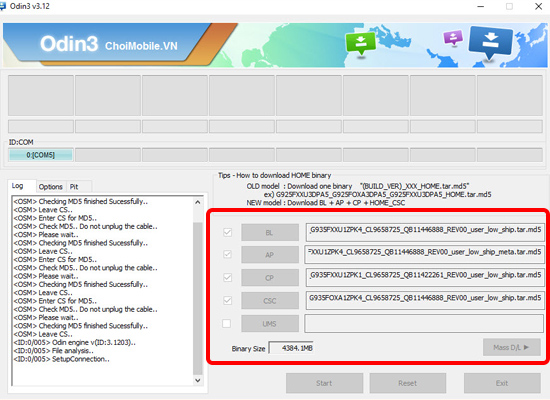 Mở phần mềm Odin 3.12.3 trên máy tính để chọn file Rom