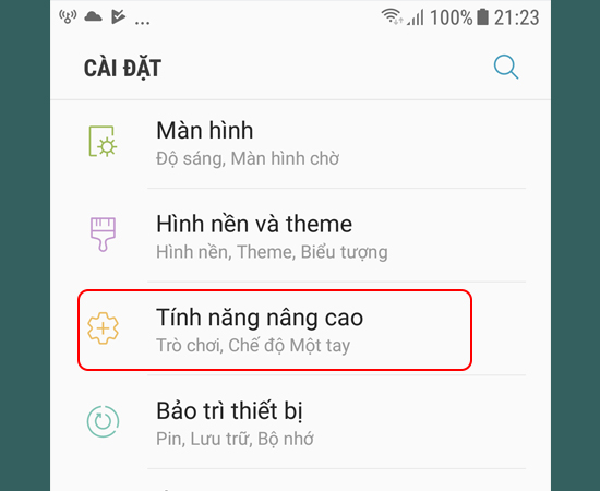 Bước 1:  Đầu ti&ecirc;n v&agrave;o C&agrave;i đặt > T&iacute;nh năng n&acirc;ng cao.