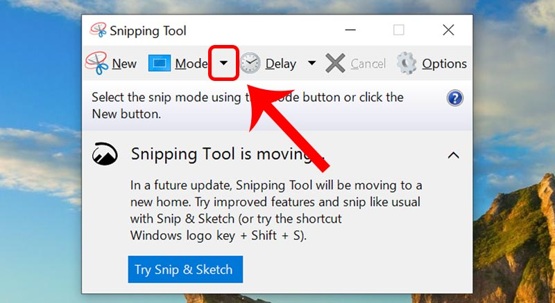 Nhấp vào mũi tên bên phải chữ Mode chọn chế độ chụp trên Windows 10