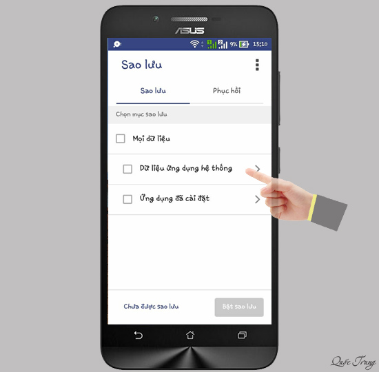 Chọn các dữ liệu cần sao lưu