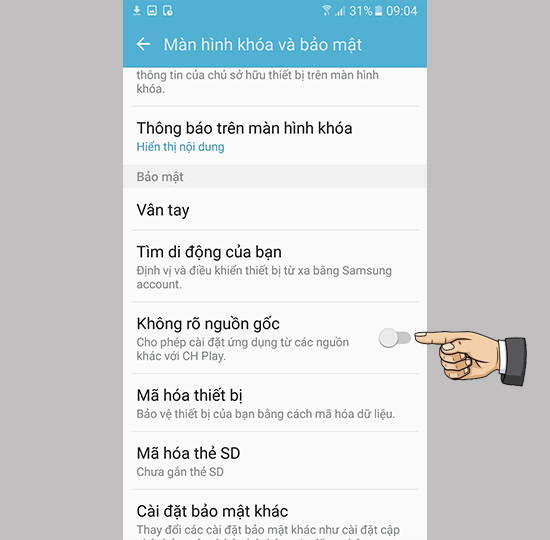vào cài đặt > chọn màn hình khóa và bảo mật > bật không rõ nguồn gốc