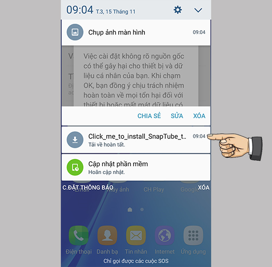 vuốt màn hình từ trên xuống > bấm vào snaptube mới tải về