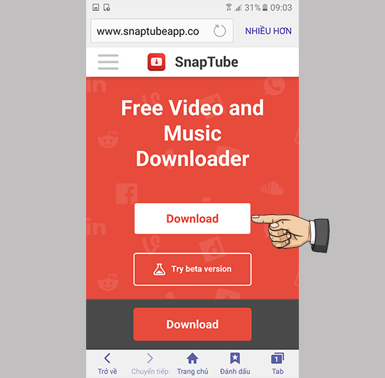 vào trang web snaptube.in bấm chữ > download