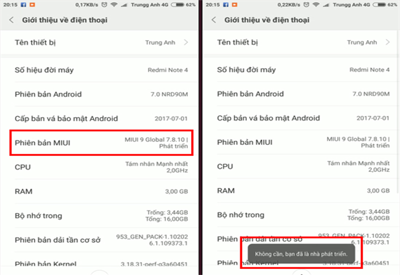 Bước 3: Chạm 7 lần vào Phiên bản MIUI đến khi thông báo Không cần, bạn đã là nhà phát triển xuất hiện trên màn hình.