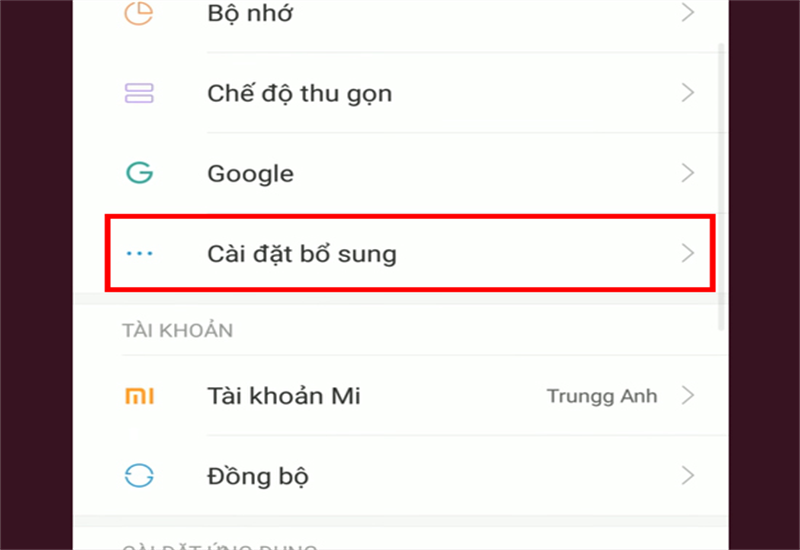 Bước 4: Trở về Cài đặt và chọn tiếp vào mục Cài đặt bổ sung.