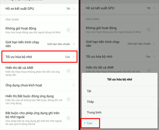 Bước 6: Bạn sẽ thấy mục Tối ưu hóa bộ nhớ, hãy chạm vào và chọn chế độ Cao cho mục này.
