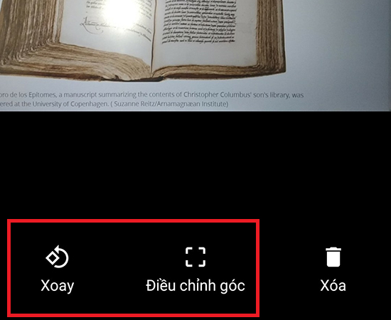 Bước 4: Khi quét xong, nếu muốn chỉnh sửa thì bạn hãy vào kho ảnh. Sẽ có các lựa chọn: Cắt ảnh, Xoay góc độ ảnh. Hãy tùy chỉnh ảnh bạn mong muốn.