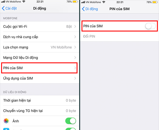 Bước 3: Nhấp vào PIN của SIM và bật tính năng này lên.