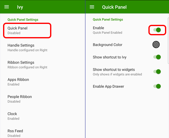 Bước 3: Tại giao diện ch&iacute;nh của ứng dụng, bạn nhấp chọn Quick Panel v&agrave; bật n&oacute; l&ecirc;n.
