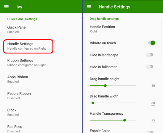 Bạn chọn Handle Settings để t&ugrave;y chỉnh độ trong suốt v&agrave; k&iacute;ch thước cạnh. 