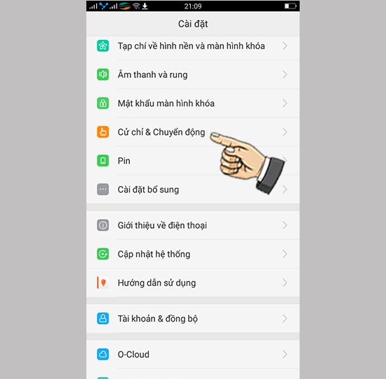 Bước 2: Chọn Cử chỉ và chuyển động