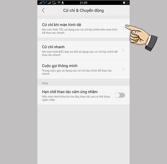 Bước 3: Chọn Cử chỉ khi màn hình tắt