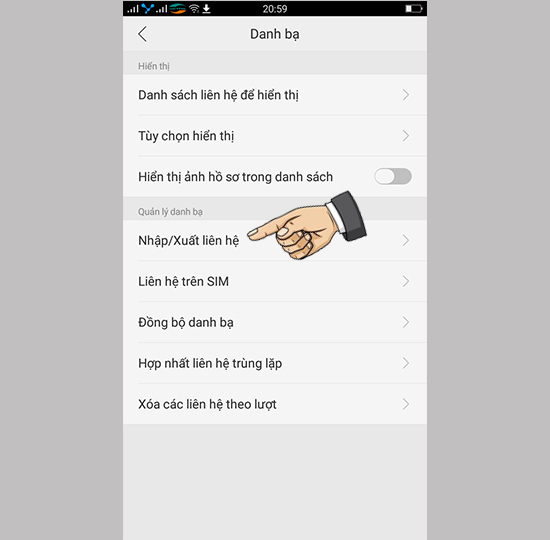 Bước 6: Nếu có danh bạ trên thẻ SD chọn Nhập/xuất liên hệ