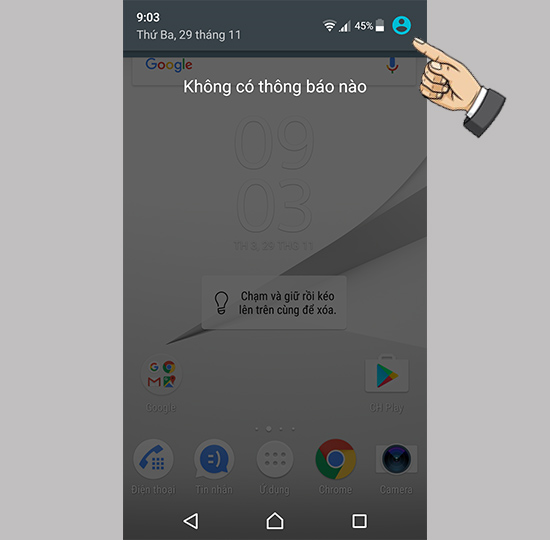 Kéo thanh thông báo trạng thái xuống