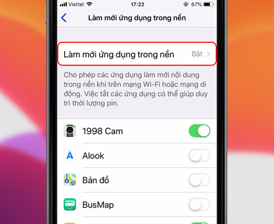 Bước 4: Chọn vào Làm mới ứng dụng trong nền.