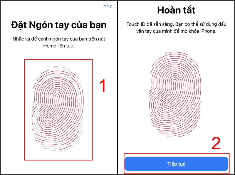Đặt cạnh ngón tay lên nút Home và chọn Tiếp tục