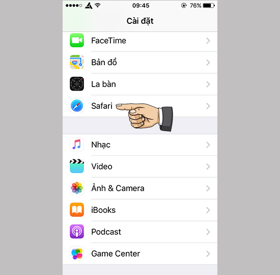 Tìm ứng dụng Safari trong mục cài đặt