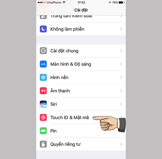 Cài đặt > Touch ID & Mật mã