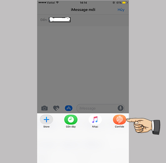 Khi muốn gửi tin nhắn bấm vào biểu tượng App Store sẽ thấy ứng dụng Confide hiển thị lên bấm chọn vào