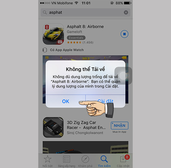 Tải ứng dụng n&agrave;o nặng hơn bộ nhớ khả dụng > ok