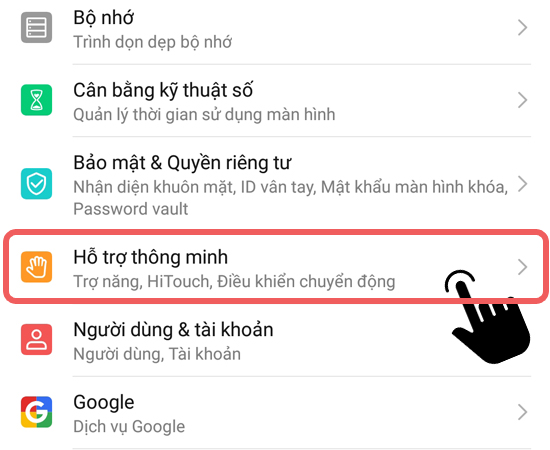 tìm mục Hỗ trợ thông minh