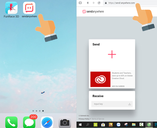 Bước 2: Vào ứng dụng trên iPhone/ iPad và vào web send-anywhere.com trên laptop.