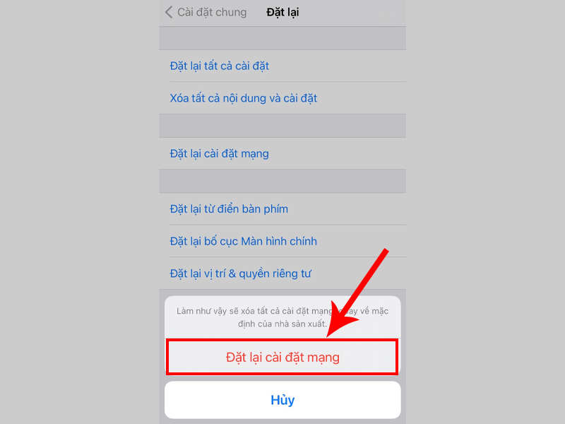 Pop up hiện l&ecirc;n nhấn v&agrave;o Đặt lại c&agrave;i đặt mạng để x&aacute;c nhận
