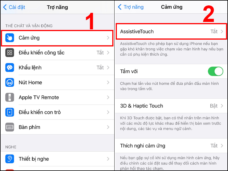 Chọn AssistiveTouch trong mục Cảm ứng
