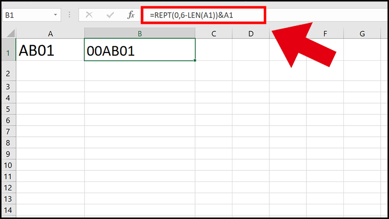 Nhập công thức =REPT(0,6-LEN(A1))&A1