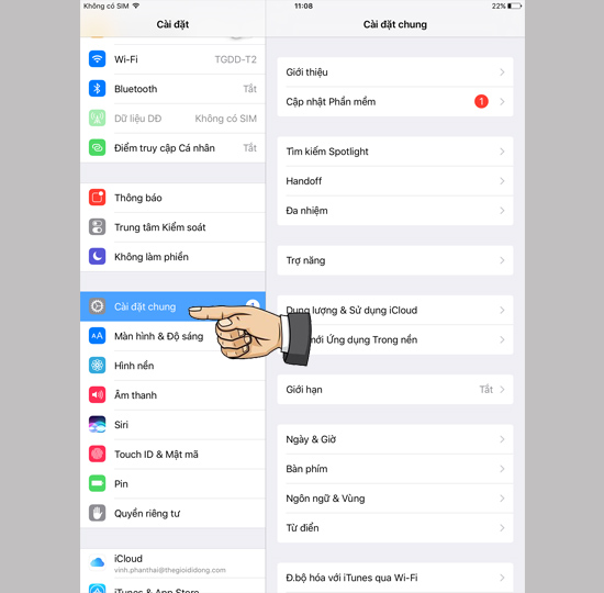 Vào cài đặt chung