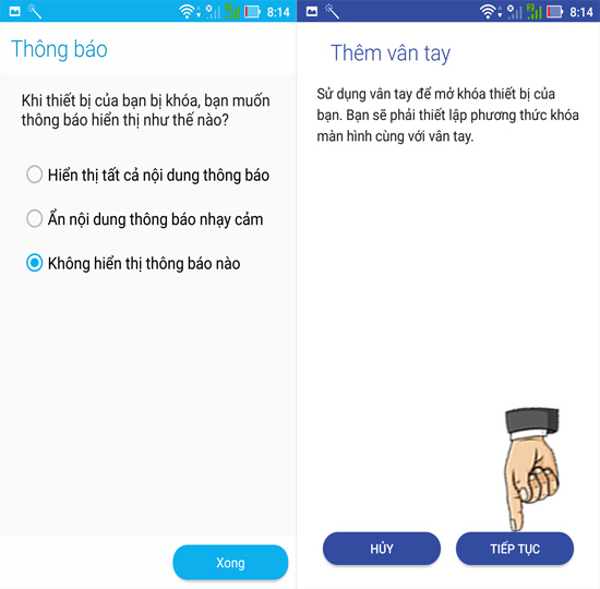 Bước 5: Chọn Tiếp tục để đặt dấu vân tay.