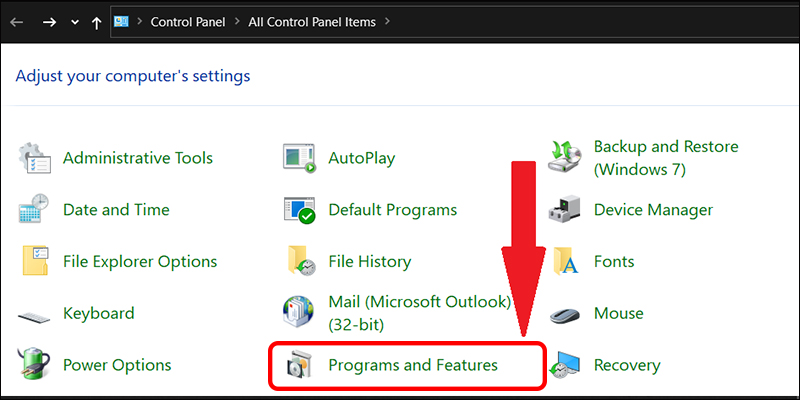 Click chọn Programs and Features