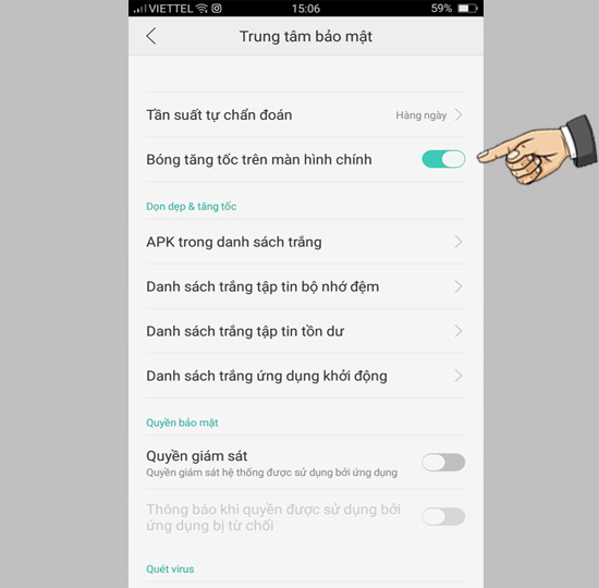 Bóng tăng tốc trên màn hình chính
