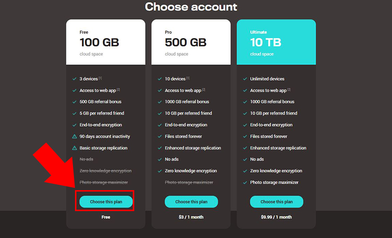  Chọn gói Free 100 GB