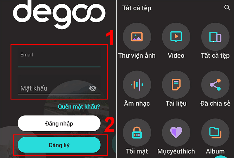 Mở ứng dụng Degoo > Nhập email và mật khẩu > Nhấn đăng ký.