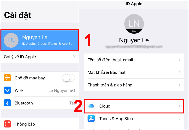 Nhấn vào tài khoản và chọn mục iCloud 