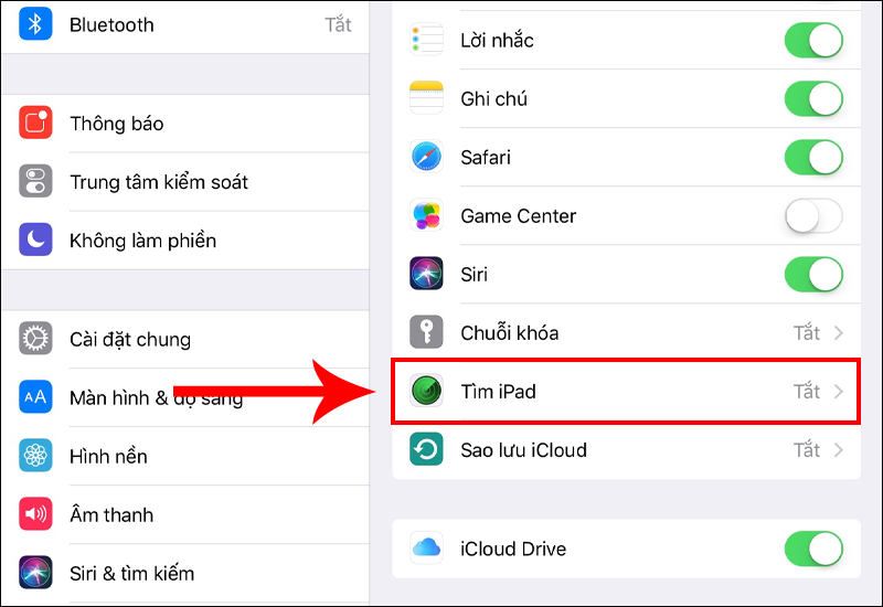 Kéo xuống chọn mục Tìm iPad