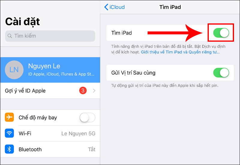 Trượt sang phải để bật tính năng tìm iPad cho máy