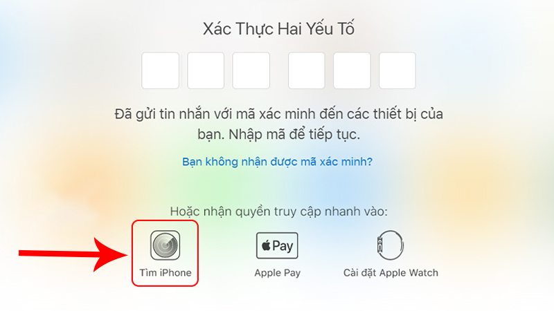 Không cần nhập số xác thực mà hãy nhấn vào mục Tìm iPhone