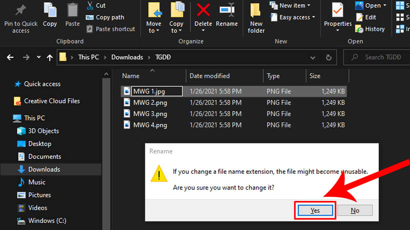 Mình đổi từ đuôi .png sang .jpg, sau đó nhấn Yes để hoàn tất thao tác đổi đuôi