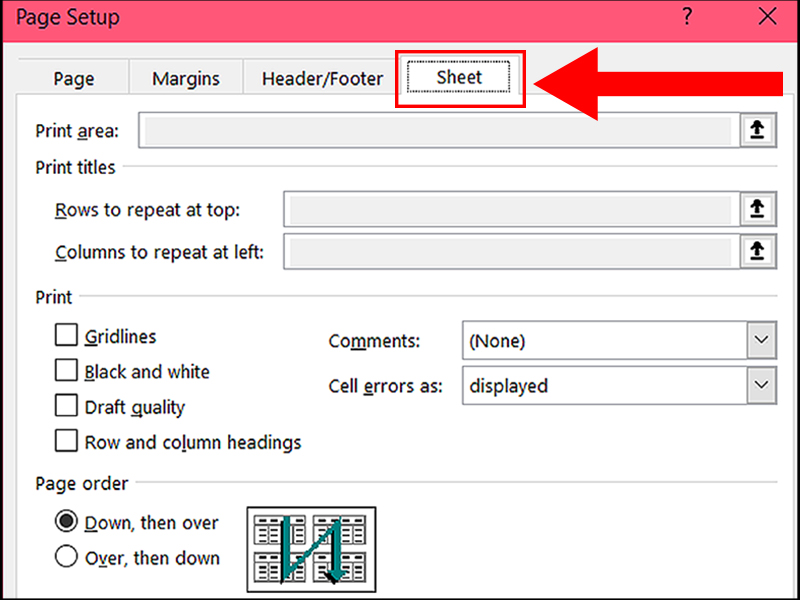 Trong tab Sheet sẽ cho phép bạn cài đặt những thuộc tính liên quan đến trang tính