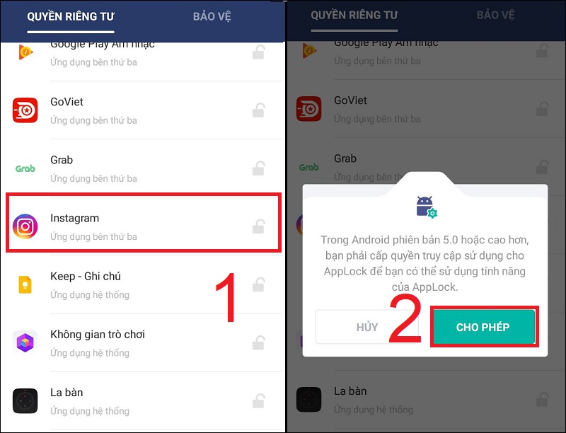 Chọn ứng dụng và nhấn cho phép để thiết lập khóa