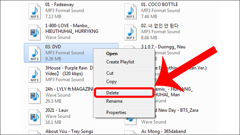 Chọn Delete để xóa file