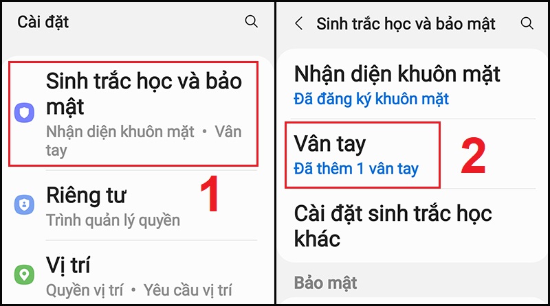 Mở cài đặt Vân tay