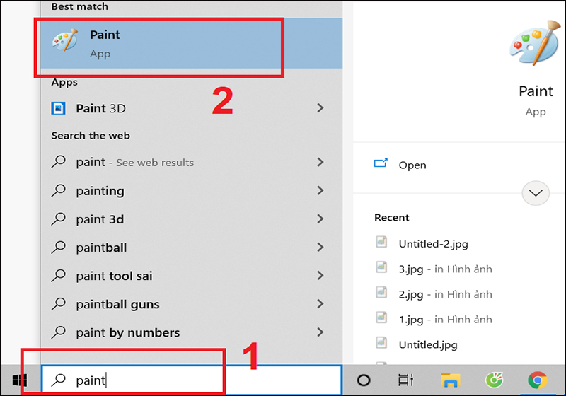 Mở Paint bằng công cụ tìm kiếm