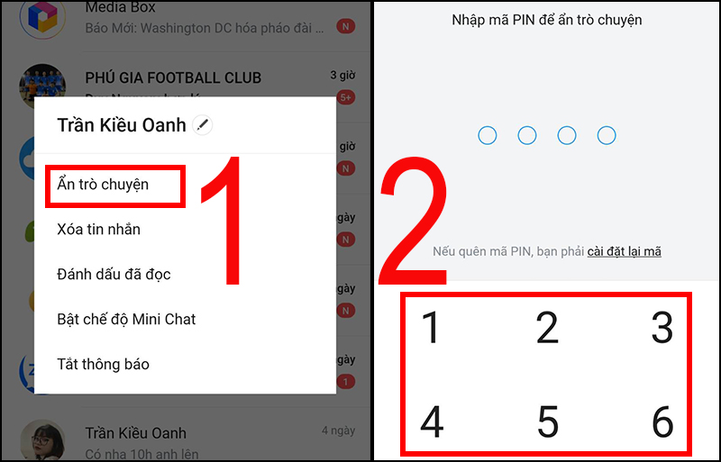 Để ẩn tin nhắn, bạn chọn Ẩn trò chuyện  Nhập mã PIN của bạn (Nếu bạn chưa đặt hay quên mã Pin bạn có thể chọn Cài đặt lại mã để đặt lại).