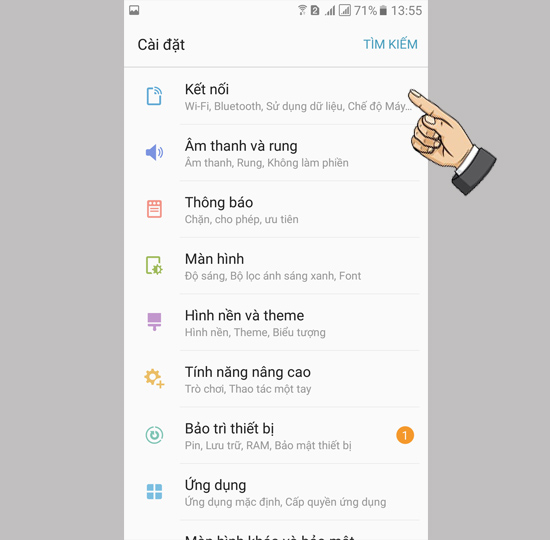 Bước 1: Vào Cài đặt chọn Kết nối
