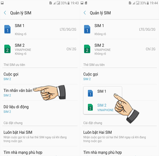 Bước 5: Chọn sim khi nhắn tin.