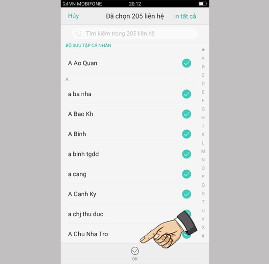 Chọn OK các danh bạ được đánh dấu