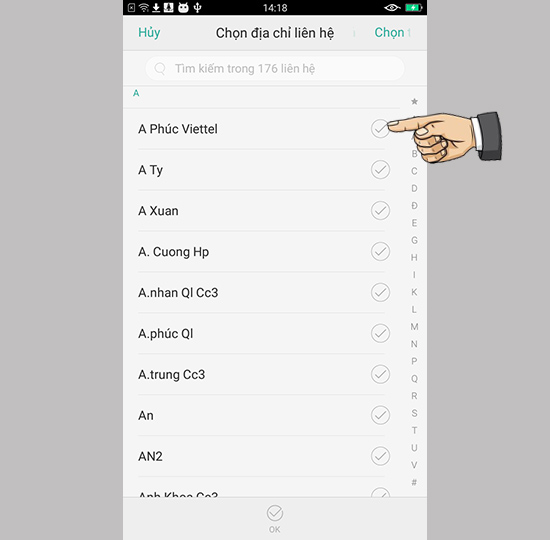 chọn liên hệ >> ok